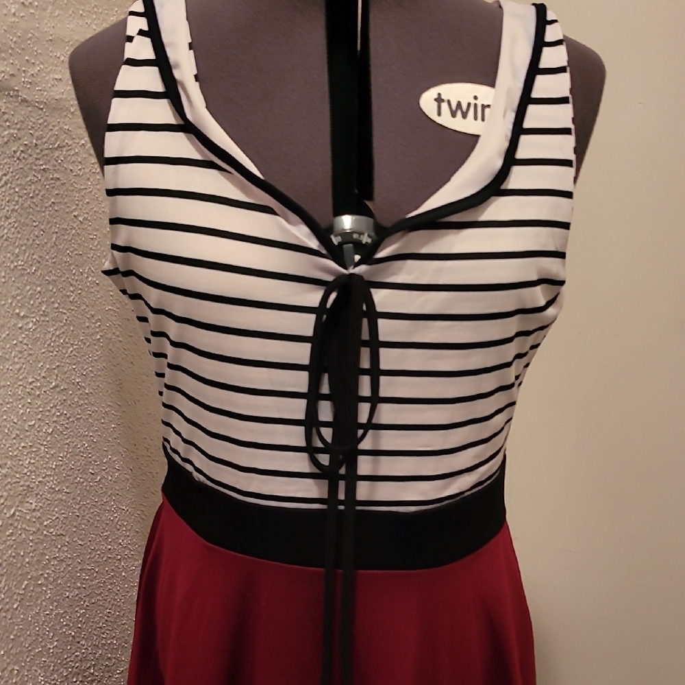 Striped Black and White Top with Red Skirt Dress